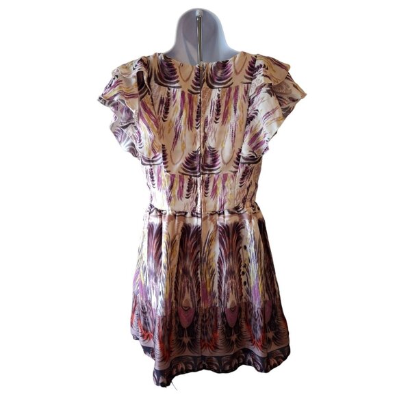 Love Fire Fit Flare Mini Dress S Purple Feather Print Flutter Sleeve Cottagecore - Picture 2 of 8